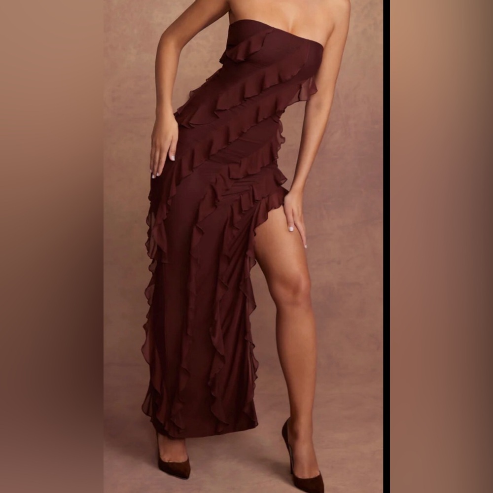 NWT OH POLLY NEVALI Bandeau Brown Slit Ruffle Maxi Dress 14